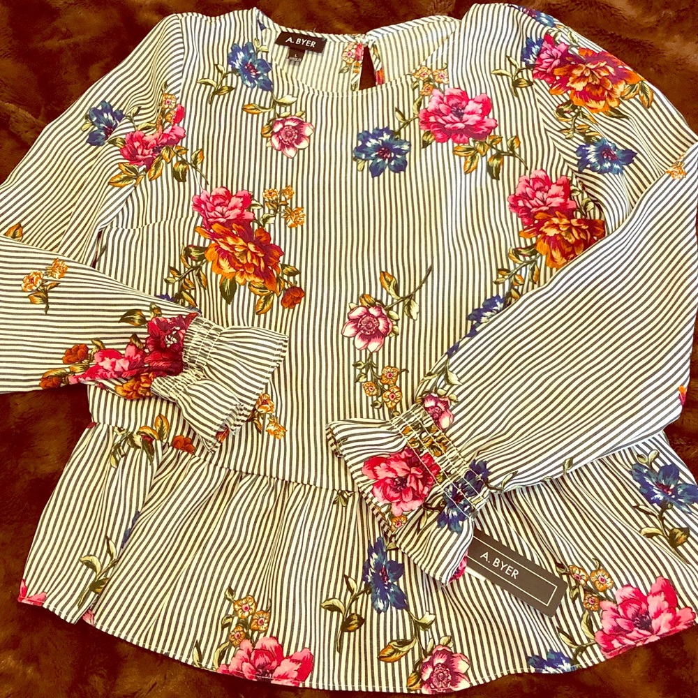 A. Byer Floral Striped Long Sleeved Blouse